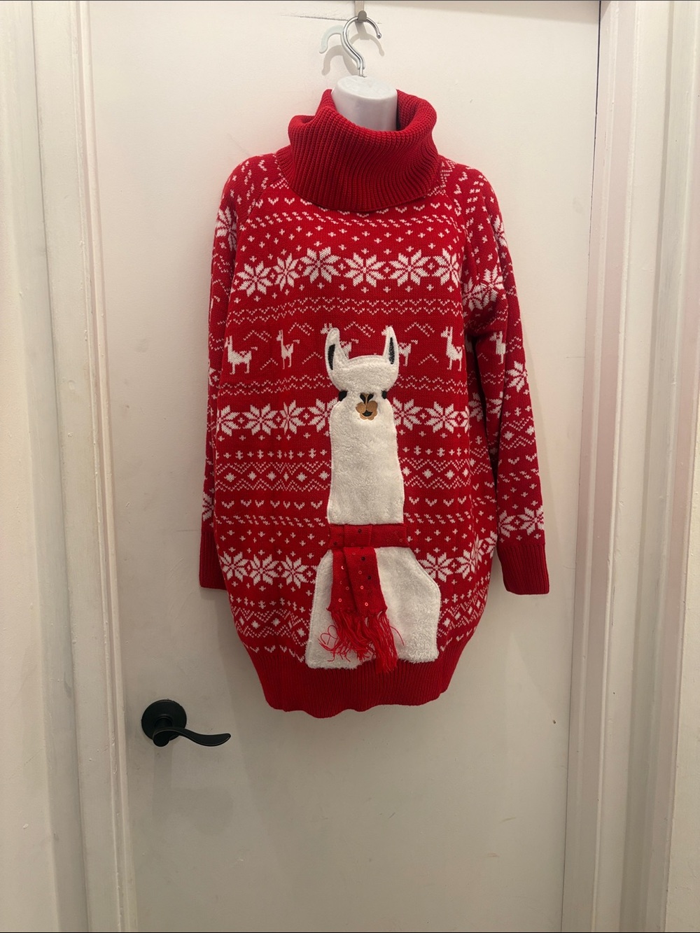 Red Llama Pattern Turtleneck Sweater Dress - Women oversized S/L new